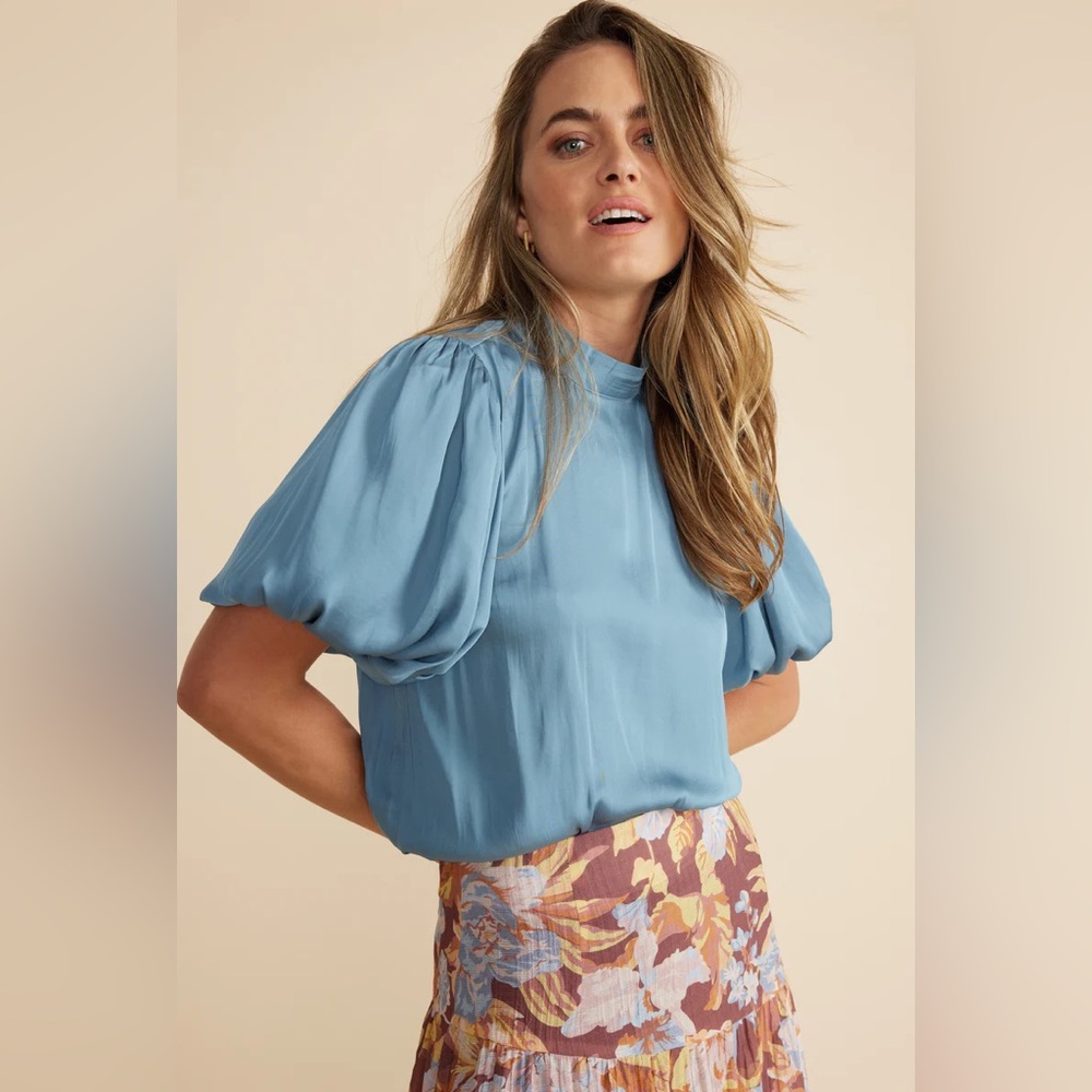 Elegant Blue Puff Sleeve Top mink pink